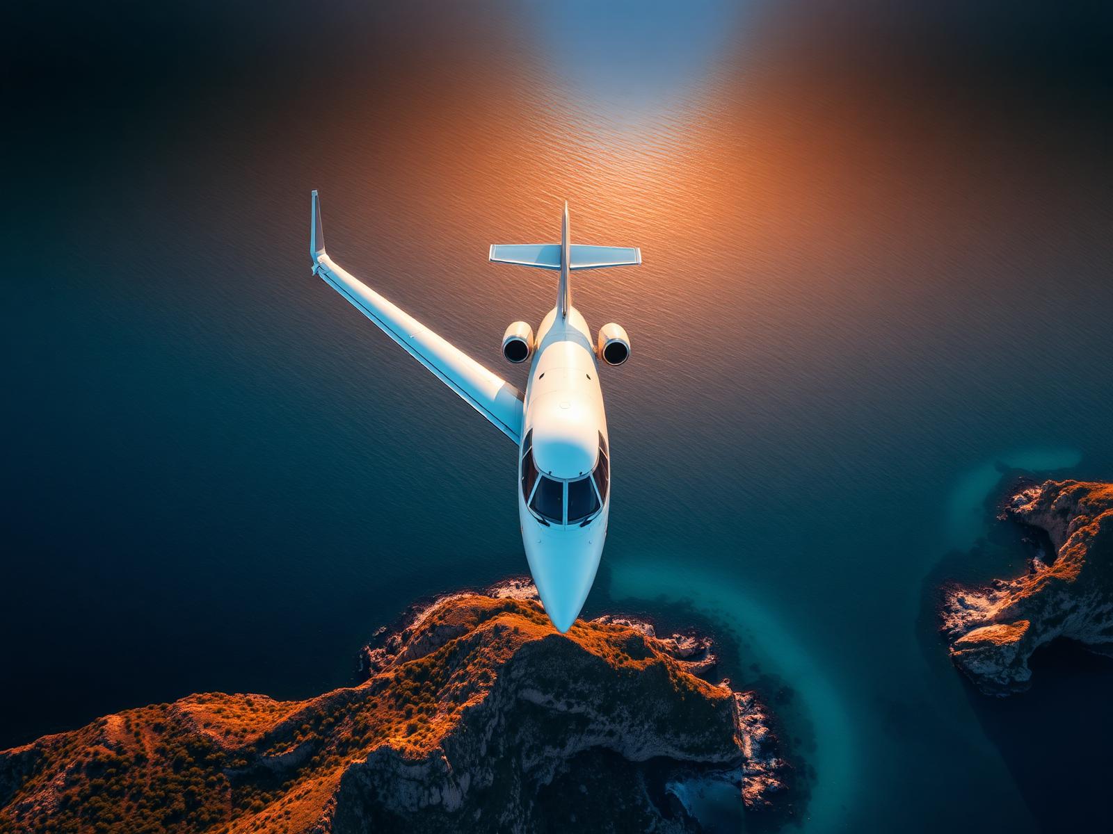 Private jet flying over Mediterranean coastline