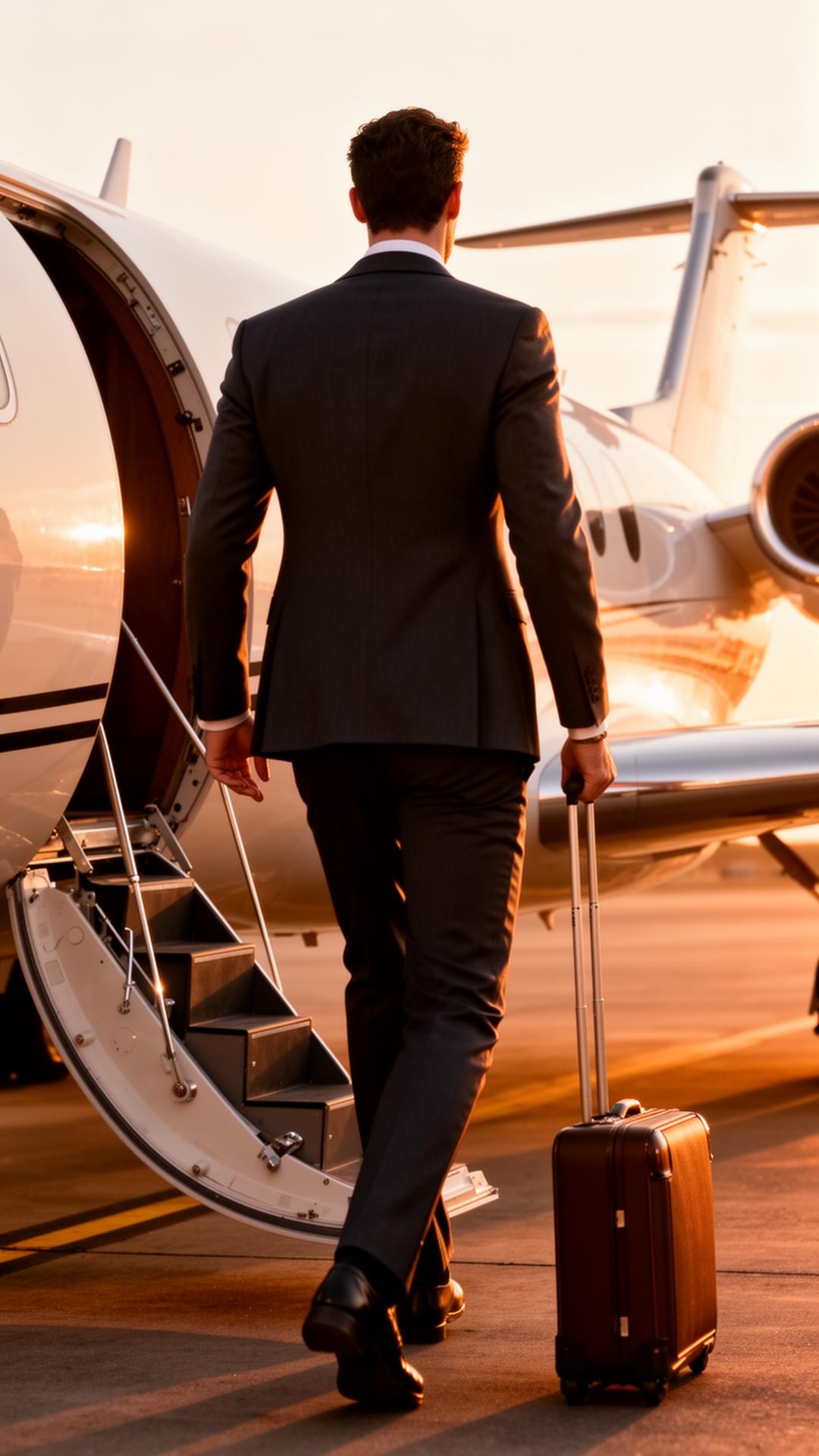 Boarding a private jet at sunset